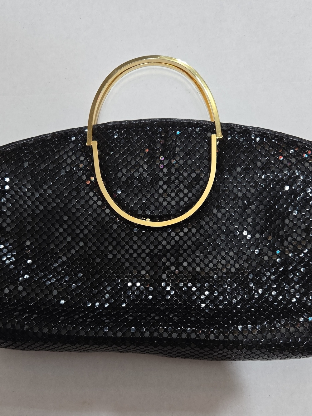 Black Metal Mesh Top Handle Evening Bag Gold Ring Handle Chainmail 11x7x2 Large